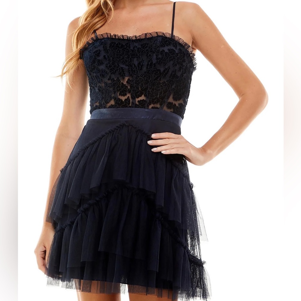 NWT City Studio Juniors Navy Velvet Appliqué Fit & Flare Dress Size 3